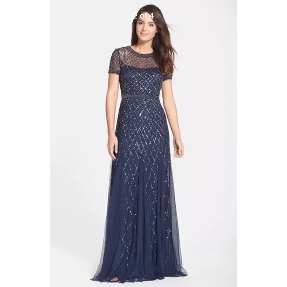 New Adrianna Papell beaded short sleeve mesh gown - Picture 3 of 5